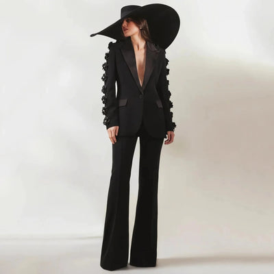 Elegant Women's Black Blazer Suit with 3D Floral Sleeve Embellishments Satin Lapel Slim Fit Two-Piece Set for Formal Party Wear