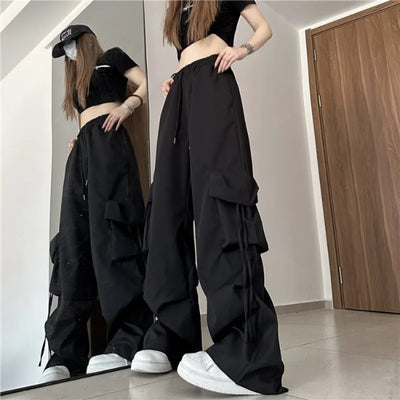 Women Cargo Pants High Waist Big Pocket Drawstring Trousers Vintage Streetwear Fashion Baggy Pants Female Casual Loose Sweatpant