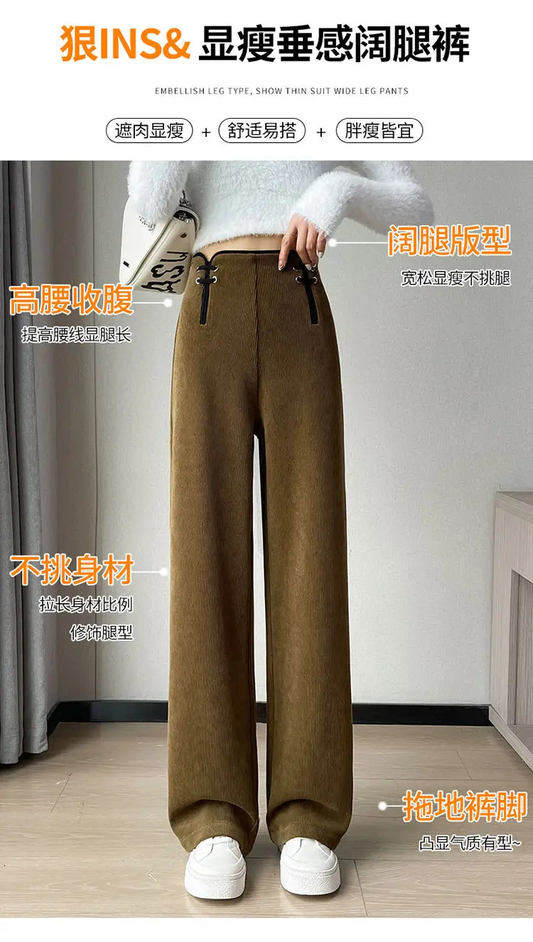 Women's Wide-leg Pants Autumn Winter Trousers New Chinese Style Folding High Waist Drooping Casual