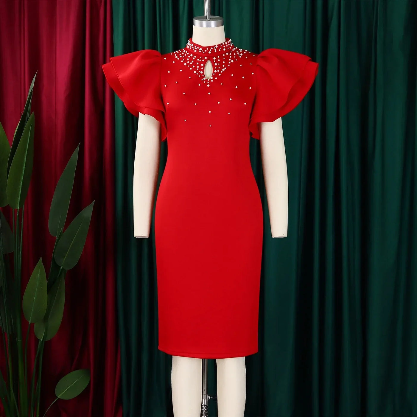 Elegant Dresses for Women O Neck Ruffles Sleeve Beaded Sheath Package Hips Mid Calf Luxury Birthday Party Dinner Vestidos Mujer