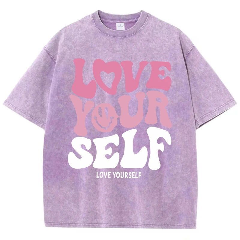 Women'S Cotton Washed T-Shirts Trend Distressed Loose Tees Love Your Self Letter Printing Short Sleeve Summer Female Clothes