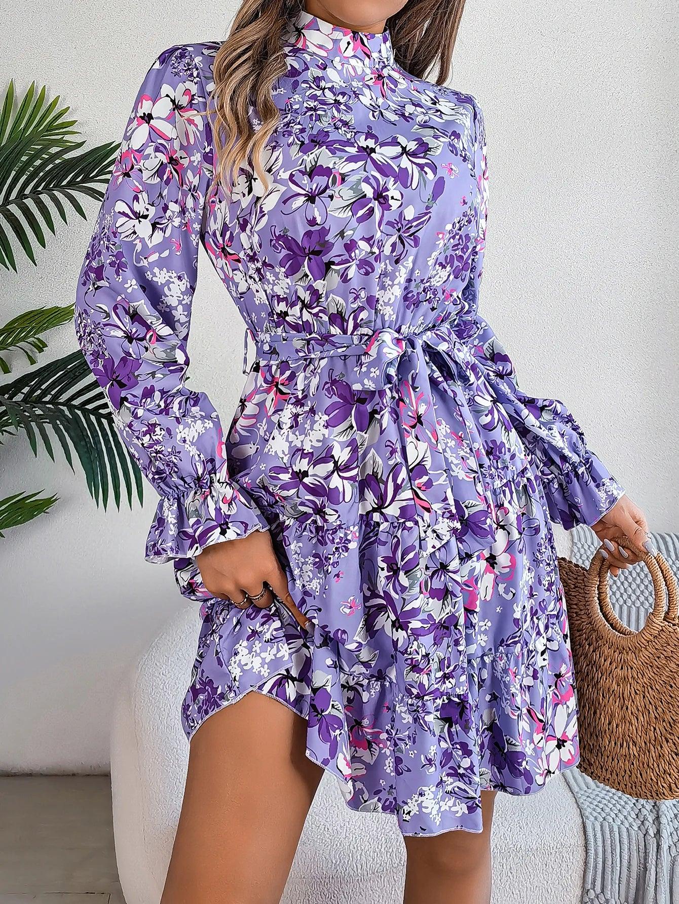 Spring Summer Flower Print Standing Neck Long sleeved Dresses for Women Ruffle Edge A-line Dress