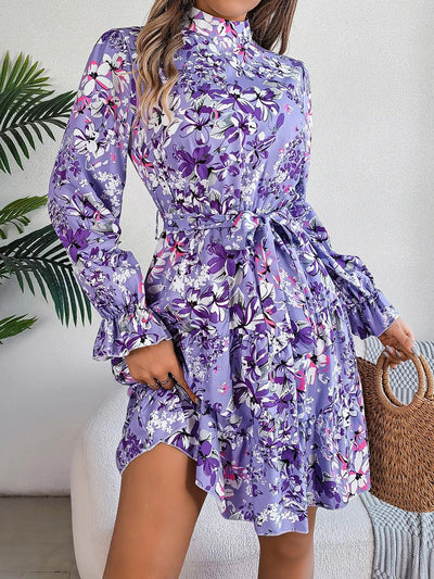 Spring Summer Flower Print Standing Neck Long sleeved Dresses for Women Ruffle Edge A-line Dress