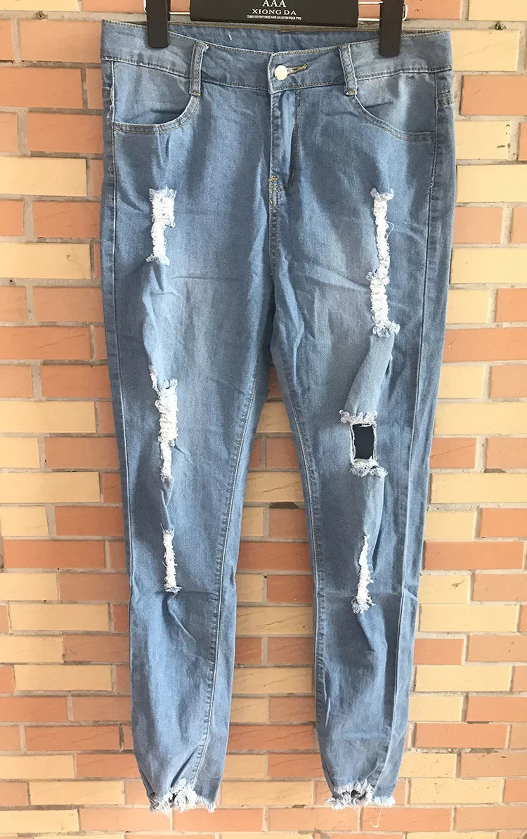 Europe and The United States New Fashion Elastic Ripped Pencil Jeans, Women's Spring and Autumn Slim-fit Small Leg Pants Jeans