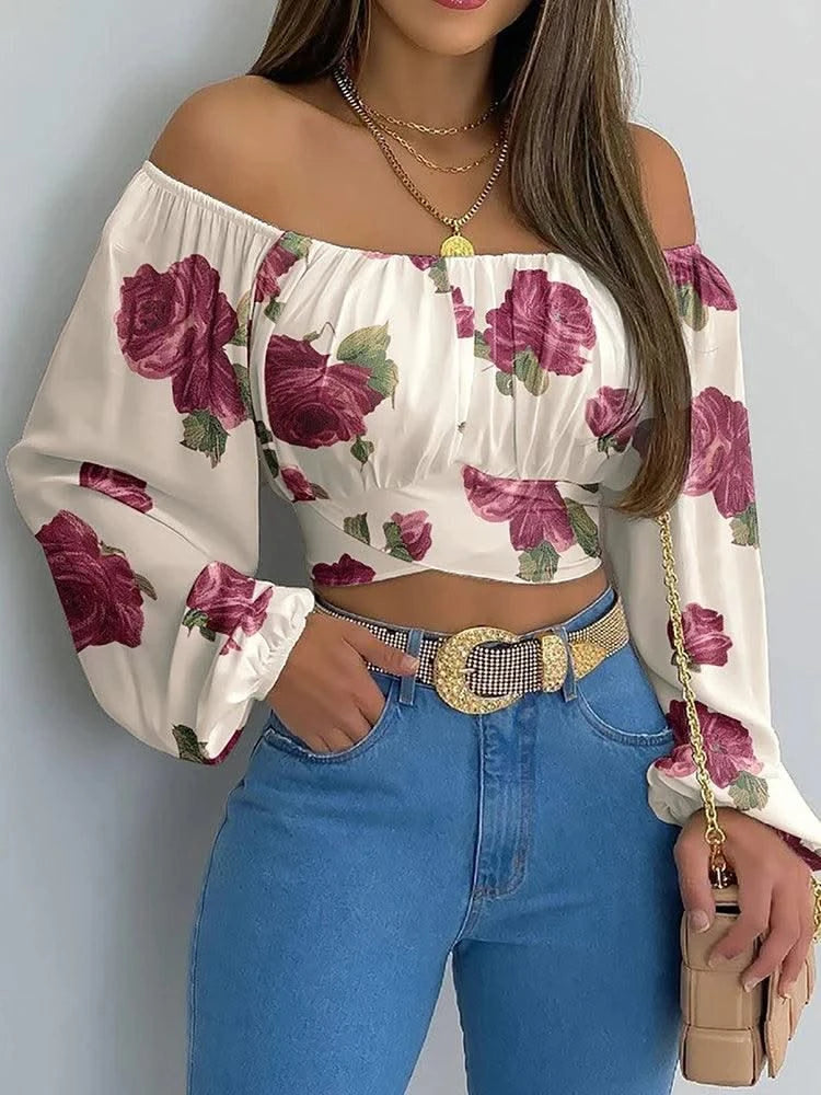 Women Sexy Off Shoulder Blouse Chic and Elegant Printing Lantern Long Sleeve