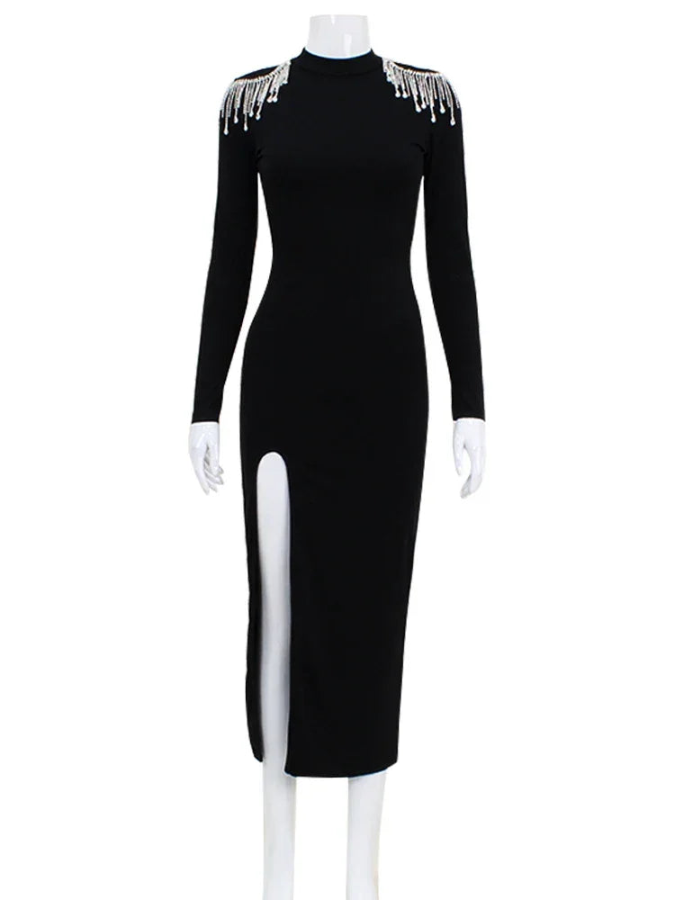 Ahagaga Fashion Hollow Out Women Maxi Dresses Sexy Solid Backless Casual Turtleneck Slim Elegant Bodycon Vestidos Robes Split
