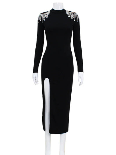 Ahagaga Fashion Hollow Out Women Maxi Dresses Sexy Solid Backless Casual Turtleneck Slim Elegant Bodycon Vestidos Robes Split