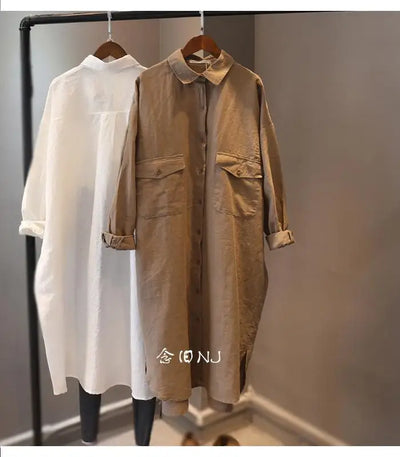 Cotton Linen Women Medium-Length White Polo Shirt Women Large Size Women Clothing Spring Autumn Design Niche Long-Sleeved Shirt