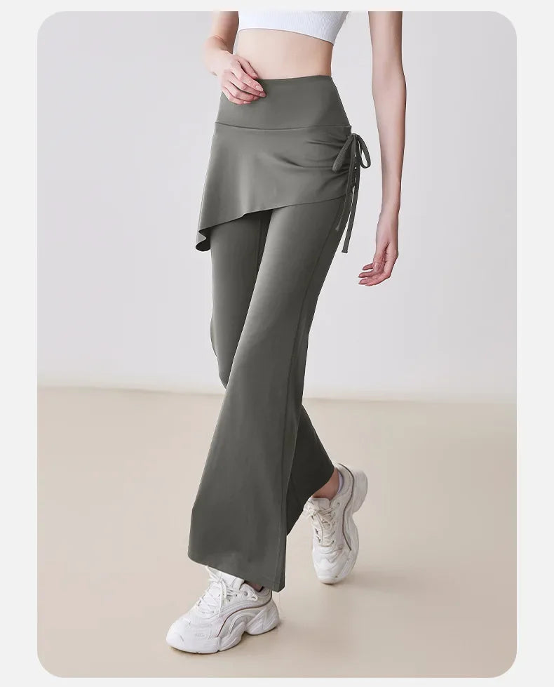 New Flared Culottes for Women Fake Two Micro-flared Pants Wrinkle High Waist Lift Hip Yoga Pants Slim-fit Elastic Waist Rope