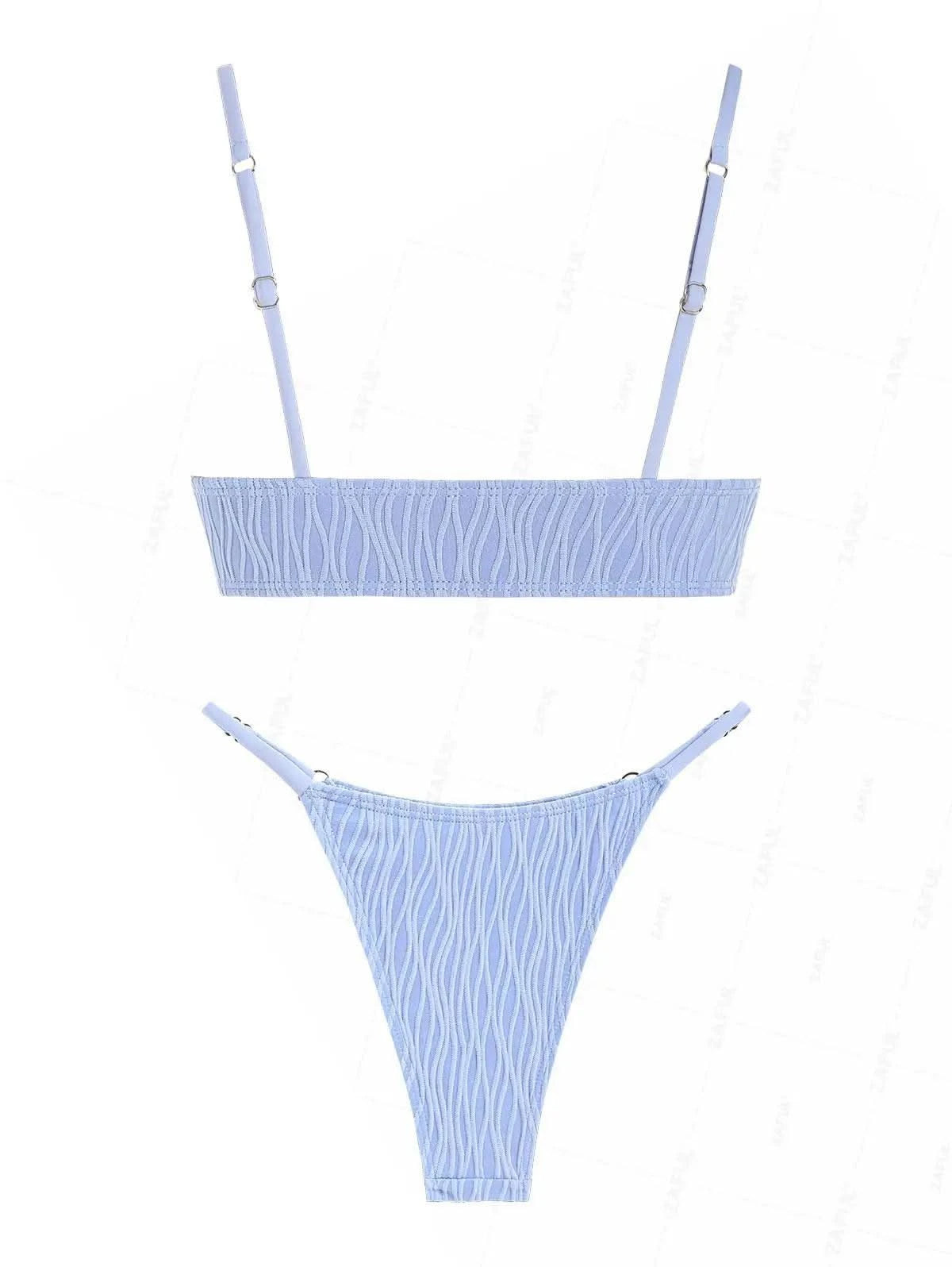 ZAFUL Women's Textured Drawstring Tie Spaghetti Strap Solid Color Tanga String Bikini Set Matching Two Piece Swimwear
