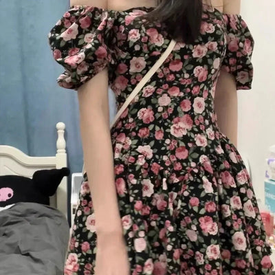 2025 New Short Mini Skirt French Style Bubble Sleeve Floral Dress Sexy Tea Break Small Stature Women Summer Dresses - Elanique
