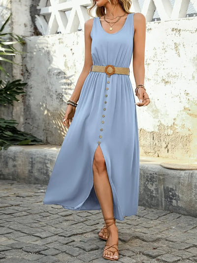 New European and American Dress for Women Clothing Leisure Vacation Simple Split Fork Solid Sleeveless V-neck Dress with Belt