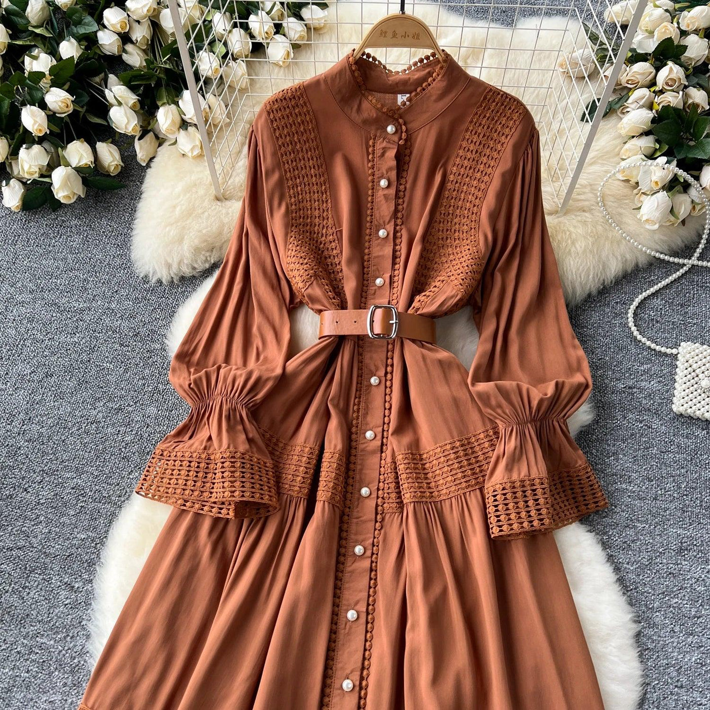 Retro Elegant Summer Stand Collar Flare Sleeve Single Breasted Lace Spliced Dress A-line French Evening Party Women Dresses