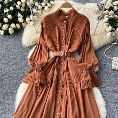 Retro Elegant Summer Stand Collar Flare Sleeve Single Breasted Lace Spliced Dress A-line French Evening Party Women Dresses