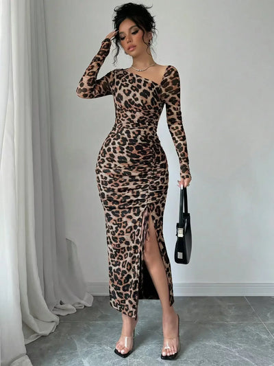 Sexy Leopard Print Women's Dresses Fashion Ruffled Sexy Slit Party Dress For Women Spring Summer  Bodycon Package hip Vestidos