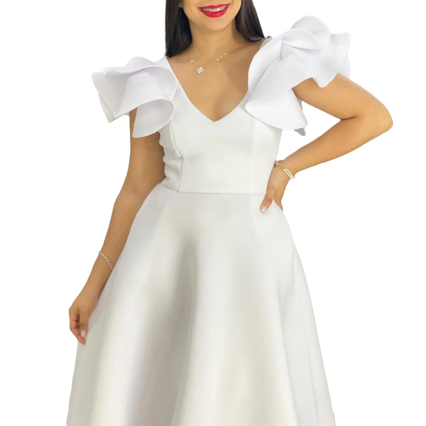 Elegant Party Dresses for Women V Neck Ruffles Sleeve High Waisted A Line Mid Calf Luxury Birthday Dinner Vestidos Mujer Dress