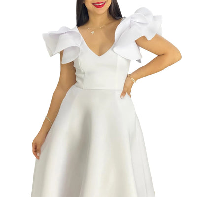 Elegant Party Dresses for Women V Neck Ruffles Sleeve High Waisted A Line Mid Calf Luxury Birthday Dinner Vestidos Mujer Dress