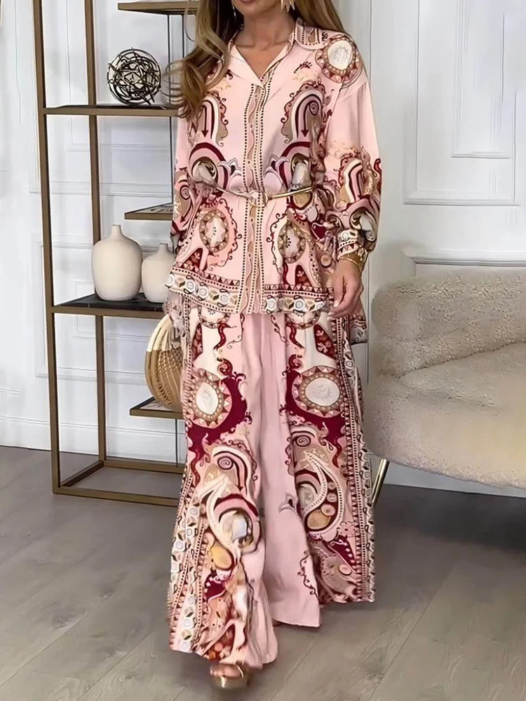Wide Leg Pants Printing Patchwork 2PCS Outfit, Women Spring Summer Single-Breasted Fashion Sets, Turn-Down Collar Ladies Suits