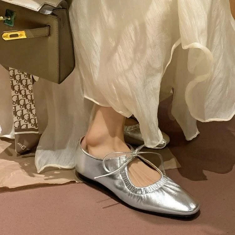 Women Ballet Leather Narrow Band Flat Shoes  Bling Silver,  Gold Footwear