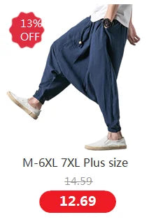 Wide leg Pants Men Streetwear Baggy Loose Pants M-8XL Plus size Ankle length Trousers cotton linen pants Black white khaki