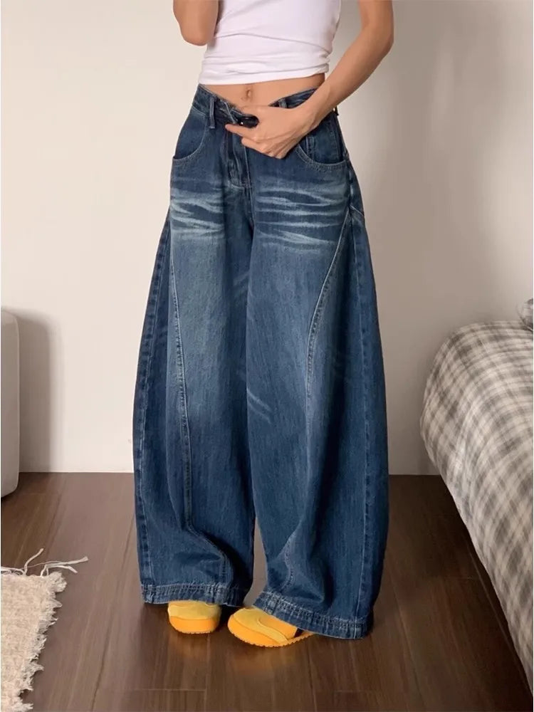 Women's Retro Street Curved Wide Leg Blue Jeans Vintage Y2K Trousers Cool Girl Bottoms Female High Waist Loose Cargo Pants