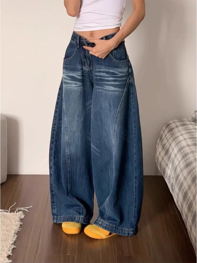 Women's Retro Street Curved Wide Leg Blue Jeans Vintage Y2K Trousers Cool Girl Bottoms Female High Waist Loose Cargo Pants