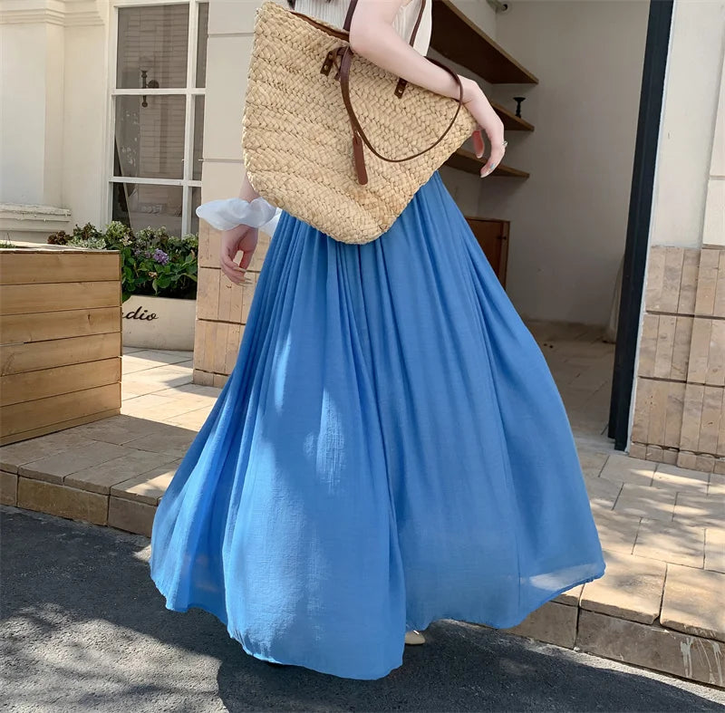 2025 New High Waisted Cotton Linen Pleated Midi Skirt – Summer Flowy A-Line Maxi Skirt for Women, Breathable & Elegant