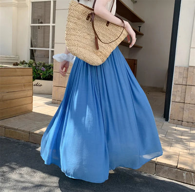2025 New High Waisted Cotton Linen Pleated Midi Skirt – Summer Flowy A-Line Maxi Skirt for Women, Breathable & Elegant