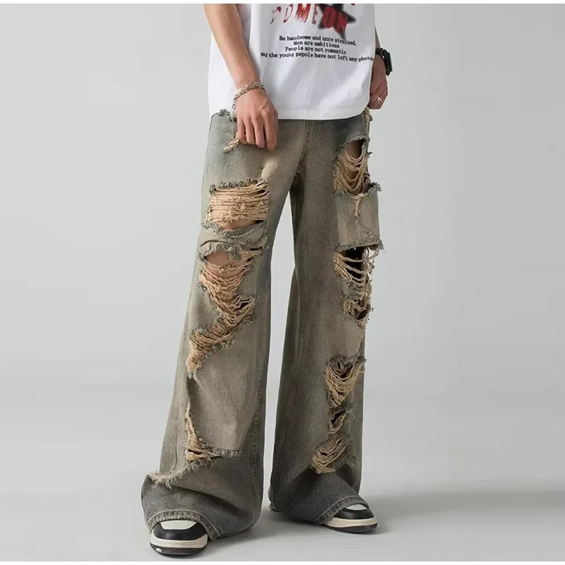 Holes Ripped Jeans Pants for Man Breathable High Street Men's Denim Pants New Trendy Hole Male Summer Brand Designer Pant 2025
