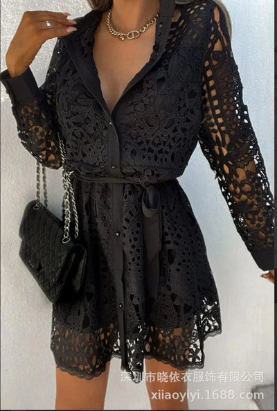 Elegant Shirt Dress Women Sexy Hollow Out Lace Dresses Spring Autumn Button Lace-up Office Lady Mini Dress Female