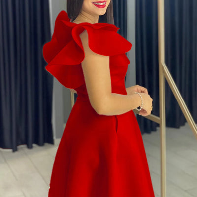 Elegant Party Dresses for Women V Neck Ruffles Sleeve High Waisted A Line Mid Calf Luxury Birthday Dinner Vestidos Mujer Dress