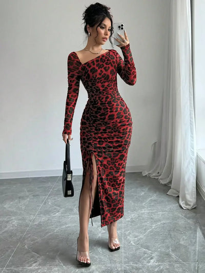 Sexy Leopard Print Women's Dresses Fashion Ruffled Sexy Slit Party Dress For Women Spring Summer  Bodycon Package hip Vestidos