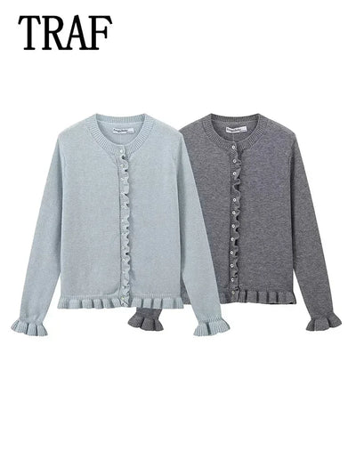 Women Ruffle Gray Knitted Cardigan Outerwears New Autumn Women Long Sleeve Sweater Elegant Button-Down Cardigan