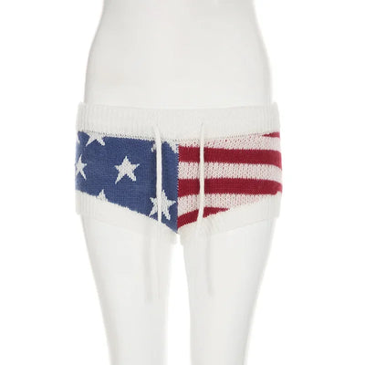 y2k Knitted Very Short Shorts, 2000s Sexy Knit Hot Shorts, Stars And Stripes Print Hot Pants For Women, America/USA Flag Shorts