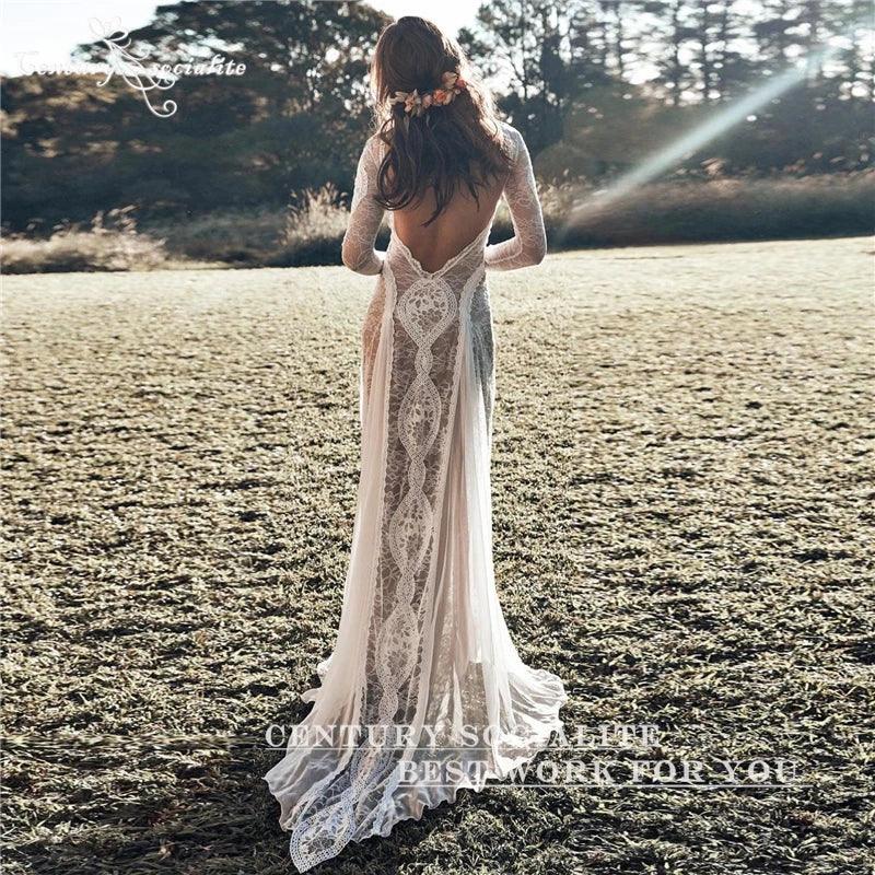 Boho Wedding Dresses 2025 Long Sleeve Backless Lace Appliques Chiffon Sheath Bohemian Bridal Gowns Beach Bride Dress Customized