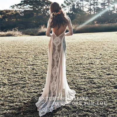 Boho Wedding Dresses 2025 Long Sleeve Backless Lace Appliques Chiffon Sheath Bohemian Bridal Gowns Beach Bride Dress Customized