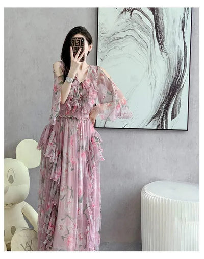 Women Sexy Off Shoulder V Neck Floral Print Dress Summer Gorgeous Flower Pink Chiffon Cascading Ruffles Evening Party Prom Robe
