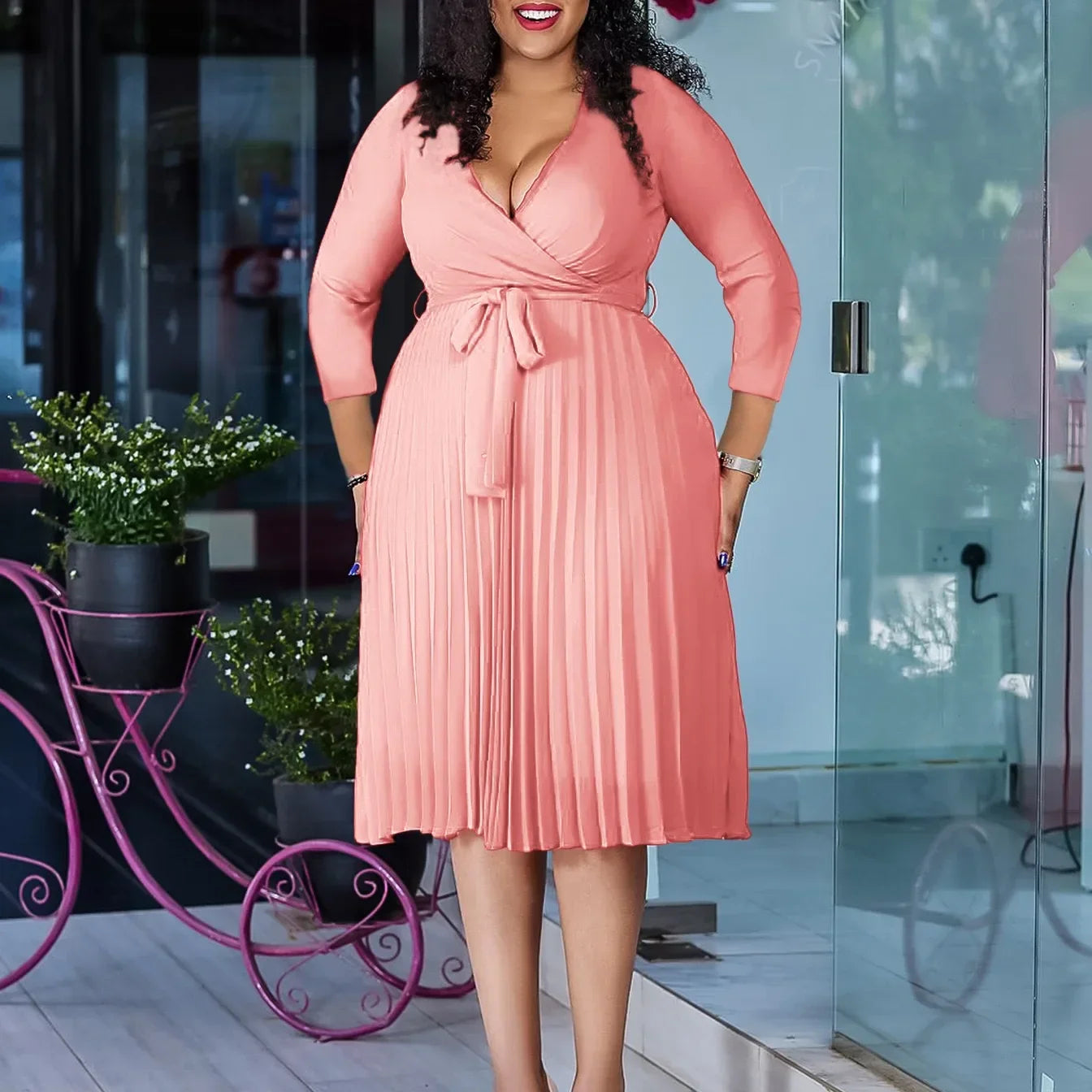Elegant Office Dresses for Women Professional V Neck Full Sleeve Sashes Pleated Mid Calf Formal Business Work Wear Dress Midi OL