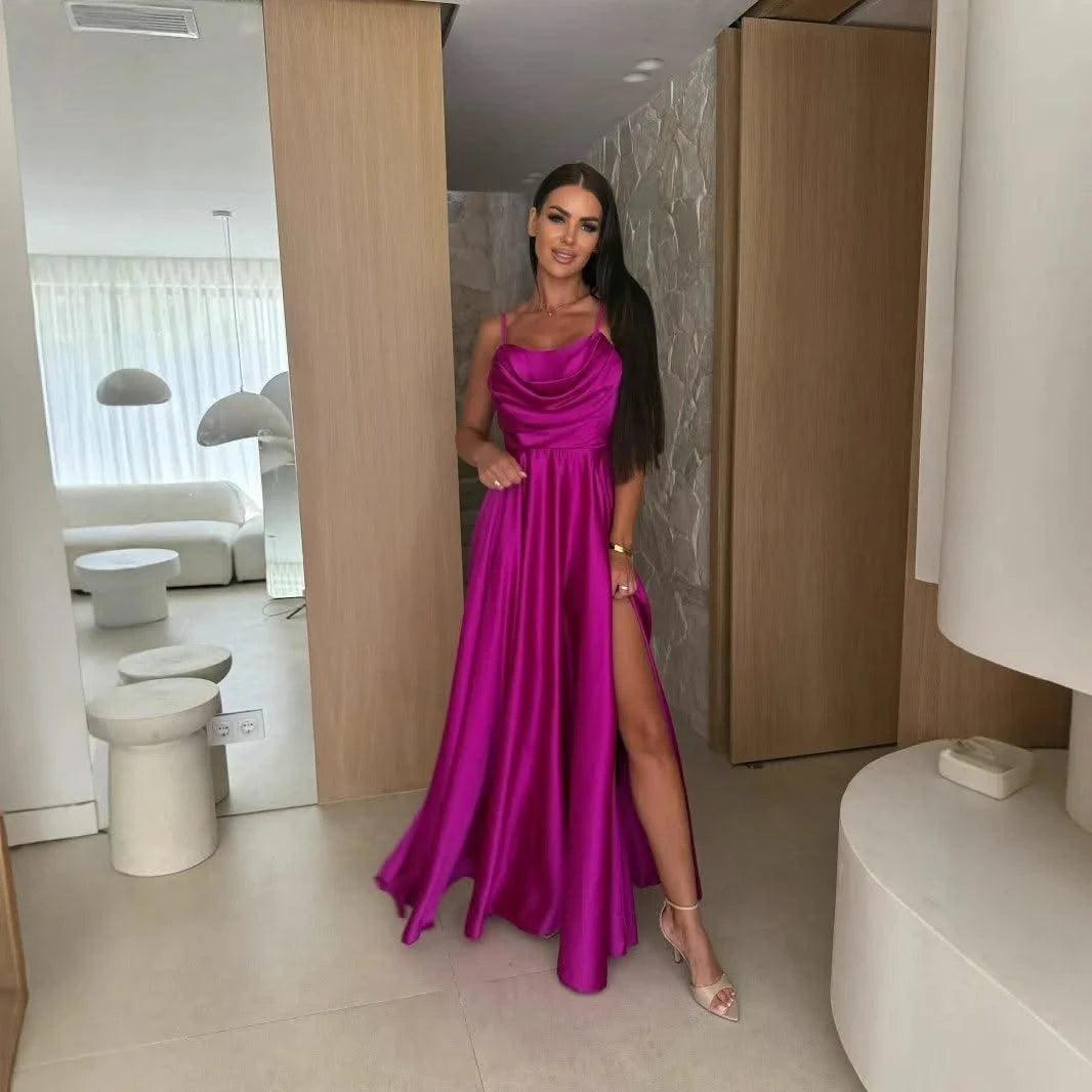 2025 Summer Women's Sexy Off Shoulder Solid Color Folded Split Strap Dress