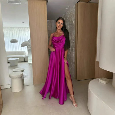 2025 Summer Women's Sexy Off Shoulder Solid Color Folded Split Strap Dress
