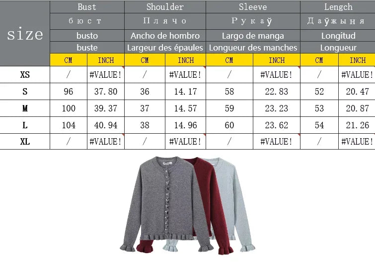 Women Ruffle Gray Knitted Cardigan Outerwears New Autumn Women Long Sleeve Sweater Elegant Button-Down Cardigan