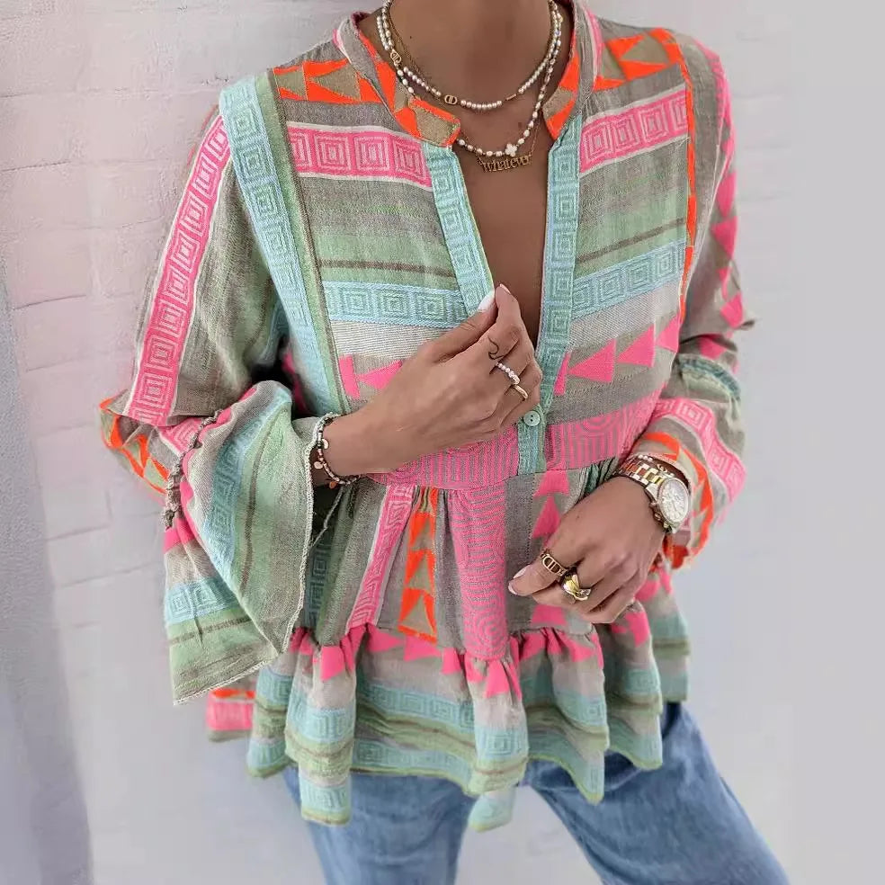 Women Loungewear Shirts V-Neck Long Flare Sleeve Fashion Ruffles Ladies Pullover Blouses 2023 Patchwork Streetwear Dropshipping
