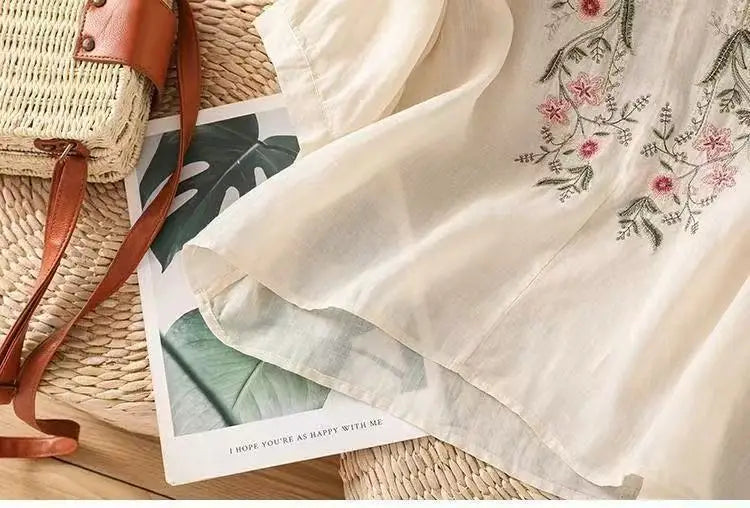 Cotton and Linen V-neck Embroidered Shirt for Women, Summer Thin Style Loose Medium Sleeves Small Shirt Top