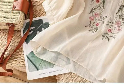 Cotton and Linen V-neck Embroidered Shirt for Women, Summer Thin Style Loose Medium Sleeves Small Shirt Top