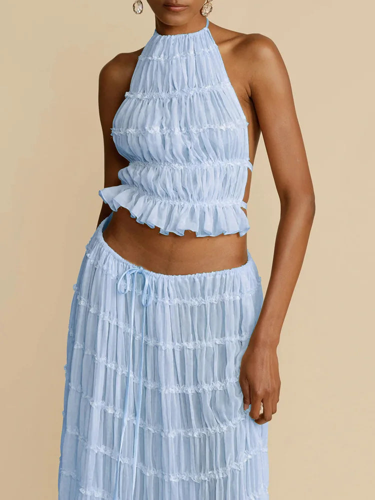 2025 Women Summer Loungewear Suits, Halter Short Top Maxi Skirts 2PCS Matching Sets, White Color Fashion Backless Ladies Outfit
