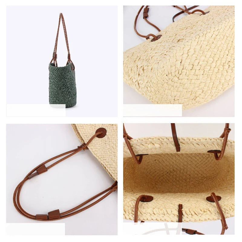 Designer Bohemian Chic Shoulder Bag,Solid Color Large Capacity Straw Woven Tote Bag,Nature-Inspired Beach Vacation Women Handbag