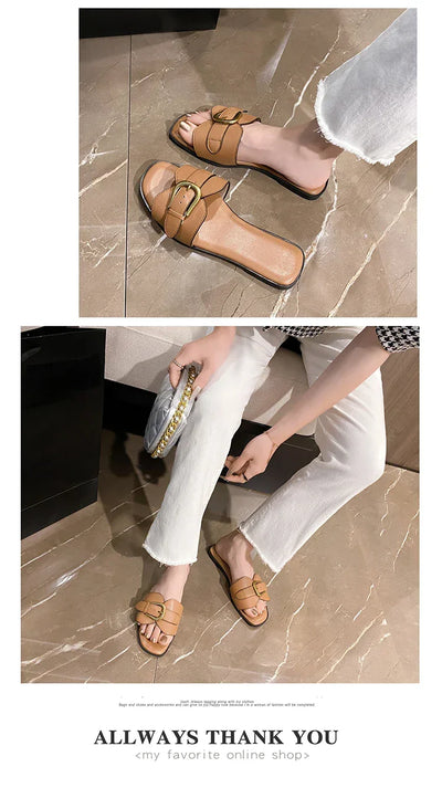 Summer Women Slippers Leather Square Toe Women Flats Flip Flops Designer Ladies Slides Sandals Women Shoes Luxury Sandals