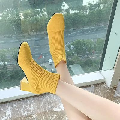 Stretch  Sock Boots For Women Shoes Square Heel Yellow Knitting shoes Elastic Cottton Boots Lady Footwear