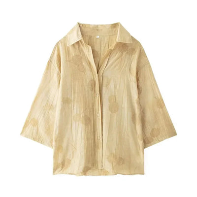 Women's Jacquard Oversized Shirt Trousers Short Sleeves Suit Lapel Shirt High Waist Elastic Straight Leg Pants Chic Female Set