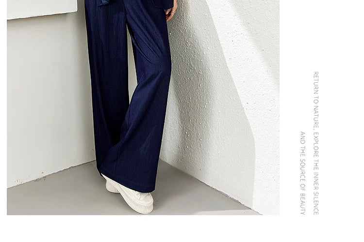 VIMLY Navy Blue Denim Suit Women's 2025 Autumn Outfits Vintage Lace Polo Collar Shirt Wide Legs Pants Ladies 2 Piece Sets A2526